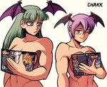 balloon balloon_breasts breasts covering covering_breasts duo female green_hair hair head_wings inflatable looking_at_viewer navel nude one_eye_closed purple_hair unusual_wing_placement wings wink winking_at_viewer chakk book_and_boob capcom darkstalkers lilith_aensland morrigan_aensland humanoid hi_res meme