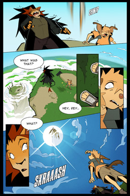 anthro cliff clothing coat dialogue duo feral group hair holding_object holding_weapon knife landscape_background looking_at_another looking_down looking_up low-angle_view male mane mane_hair speech_bubble sweater text topwear trenchcoat trio turtleneck weapon worm's-eye_view ksejl mello_(ksejl) rey_(ksejl) canid canine canis domestic_dog felid lion mammal monster pantherine 2:3 comic english_text hi_res