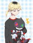 blonde_hair boots carrying_another clothing colored_nails duo footwear grin hair heterochromia male nails shoes smile wings kuso_800t bandai_namco digimon digimon_survive dracmon_(survive) kaito_shinonome demon digimon_(species) dracmon human humanoid mammal