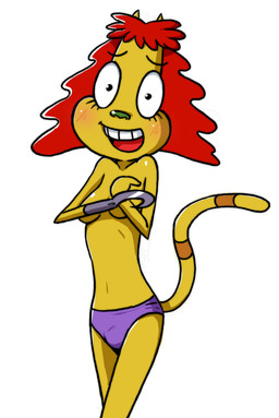 amputee blush breasts changing_clothing clothed clothing covering covering_breasts covering_self disability doctor female hair hook hook_hand looking_at_viewer panties prosthetic prosthetic_hand red_hair simple_background skimpy solo tail topless underwear walk-in white_background itimu nickelodeon rocko's_modern_life dr._hutchison domestic_cat felid feline felis mammal