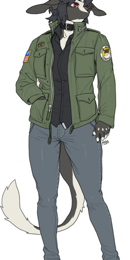 anthro black_body black_hair bottomwear clothing collar eyebrows female footwear fur hair hand_in_pocket horn jacket pants pockets red_eyes shirt shoes short_hair solo tail topwear white_body pgm300 mythology chabett dragon furred_dragon furred_scalie mythological_creature mythological_scalie scalie 2023 absurd_res hi_res