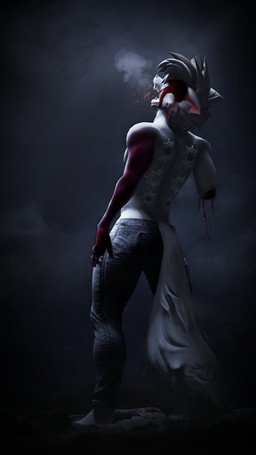 abstract_background anthro barefoot blood bodily_fluids bottomwear clothed clothing denim denim_bottomwear denim_clothing feet fingers fluffy fluffy_tail fur grey_body grey_fur grey_hair hair jeans long_tail male missing_arm open_mouth pants sharp_teeth short_hair solo tail teeth topless topless_anthro topless_male conditional_dnp domi3d warfaremachine_(modeler) matvai_cross canid canine fox mammal 2024 3d_(artwork) 4k 9:16 absurd_res digital_media_(artwork) hi_res source_filmmaker_(artwork)