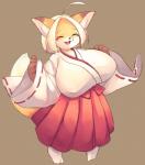 anthro asian_clothing big_breasts blush bottomwear breasts clothed clothing dipstick_ears ear_markings east_asian_clothing eyes_closed female footwear fur hakama haori huge_breasts japanese_clothing kemono legwear long_sleeves miko_outfit multicolored_body multicolored_ears multicolored_fur nipple_outline open_mouth orange_body orange_fur red_bottomwear red_clothing red_hakama simple_background socks solo white_body white_clothing white_footwear white_fur white_haori white_legwear white_socks akitaka canid canine fox mammal full-length_portrait portrait