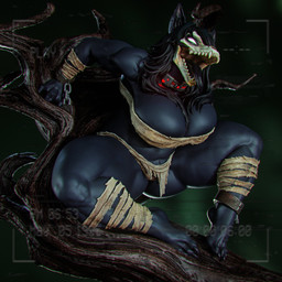 anthro big_breasts black_body black_hair black_tongue bone breasts chain claws collar female hair in_tree long_hair long_tongue mostly_nude muscular muscular_female open_mouth plant shock_collar simple_background skull skull_head solo thick_thighs toe_claws tongue tree vhs_filter white_eyes wraps_only loudgunfiring scp_foundation scp-1471-a canid malo mammal 1:1 2025 3d_(artwork) 3d_model_showcase alternate_version_at_source digital_media_(artwork) hi_res