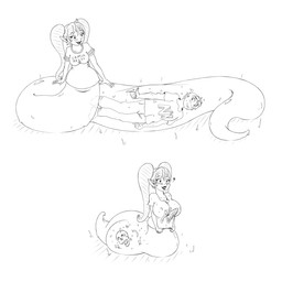 abdominal_bulge after_vore apode big_breasts breasts clothing death digestion duo female female_pred legless male serpentine shirt simple_background split_form topwear vore white_background frakass draconcopode goo_creature human lamia mammal reptile scalie snake 1:1 2020 hi_res monochrome