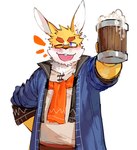 2024 alcohol anthro beer beer_glass beverage biped black_eyes blue_clothing blue_jacket blue_topwear clothing fur hi_res jacket lagomorph leporid looking_at_viewer male mammal one_eye_closed papyuuno rabbit solo topwear white_body white_fur yellow_body yellow_fur