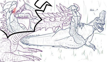 blush bodily_fluids drooling duo feet feral foot_in_mouth gesture grin growling heart_symbol legs_up licking long_neck looking_at_another lying male male/male on_back on_front on_snout paws playful raised_paw saliva scales smile smirk suggestive suggestive_gesture tailbutt teasing thighs_up toe_in_mouth toes tongue tongue_out conditional_dnp samagthrav2 capcom monster_hunter k'veyrna_(abyssal_lagiacrus) anjanath brute_wyvern lagiacrus leviathan_(mh) absurd_res detailed hi_res