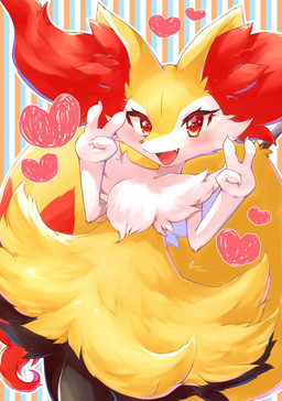 3_fingers ambiguous_gender anthro arm_tuft big_tail biped black_body black_fur blush cheek_tuft chest_tuft claws countershade_face countershading cute_fangs dark_body dark_fur dipstick_tail double_v_sign eyelashes facial_tuft fangs finger_claws fingers fur gesture hair hand_gesture heart_symbol inner_ear_fluff kemono light_body light_fur looking_at_viewer markings multicolored_hair open_mouth outline pattern_background pink_nose pink_tongue raised_hand raised_leg red_eyes red_inner_ear_fluff red_tail shoulder_tuft simple_background small_nose smile snout solo stick striped_background tail tail_markings teeth tongue tuft two_tone_hair v_sign white_body white_claws white_countershading white_fur white_outline yellow_body yellow_fur yellow_tail umimiusisisi nintendo pokemon braixen canid canine generation_6_pokemon mammal pokemon_(species) 2021 digital_drawing_(artwork) digital_media_(artwork) hi_res