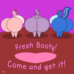 air_freshener anthro big_breasts big_butt blue_body bow_(feature) bow_ribbon breasts butt female flower group huge_breasts huge_butt hyper hyper_breasts hyper_butt looking_at_viewer one_eye_closed pink_body plant purple_body rear_view smile standing tail text thick_thighs trio wink winking_at_viewer wool_hair thegreatdrmax happy_tree_friends giggles_(htf) lammy_(htf) petunia_(htf) bovid caprine chipmunk ground_squirrel mammal mephitid rodent sciurid sheep skunk 1:1 2026 absurd_res hi_res