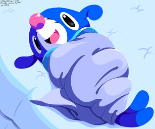 ambiguous_gender black_eyes blue_body fangs feral looking_at_viewer lying markings on_back on_mattress open_mouth solo teeth tongue whisker_markings wrapped sleepy_sealion nintendo pokemon generation_7_pokemon pokemon_(species) popplio 2025 6:5 dated hi_res signature