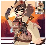 ak-74 ak_platform anthro arm_tuft assault_rifle beret blep bottomwear brown_hair bulletproof_vest camo camo_bottomwear camo_clothing camo_print cellphone chest_tuft clothing elbow_tuft electronics emanata eyebrow_through_hair eyebrows eyelashes fangs female gloves gun hair handwear hat headgear headwear inner_ear_fluff looking_at_viewer one_eye_closed pattern_bottomwear pattern_clothing phone ranged_weapon rifle selfie shorts shoulder_tuft smartphone solo teeth tongue tongue_out translucent translucent_hair tuft weapon wink olly_moss wireless_shiba firewatch pixile_studios super_animal_royale canid canine canis coyote mammal absurd_res hi_res