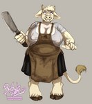 5_fingers anthro apron big_breasts blue_eyes bottomwear breasts cleavage cleaver_(knife) clothed clothing cloven_hooves cutlery eyebrows eyelashes female fingers fur hair holding_cleaver hooves horn huge_breasts kitchen_knife kitchen_utensils knife looking_at_viewer nipple_outline shirt short_hair simple_background skirt smile solo standing t-shirt tan_background tan_body tan_fur tan_hair text tools topwear itsymitsy tarmah_(dulcine) bovid bovine cattle mammal 2022 artist_name url watermark