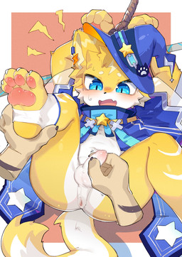 4_fingers anthro anus bdsm blue_eyes bodily_fluids bondage border bottomless bottomless_anthro bottomless_male bound brown_body brown_fur cheek_tuft chest_tuft circle_eyebrows claws clothed clothing cute_fangs disembodied_hand duo emanata erection eyebrows facial_tuft fangs finger_claws fingers flaccid forced forced_erection forced_spreading foreskin fur fur_markings genitals hands_tied_above_head hat head_tuft headgear headwear lightning_bolt_marking looking_at_another magic_user male male/male markings masturbation navel open_mouth pawpads pawprint_pattern penis pink_background pink_pawpads restraints rope rope_bondage rubbing_penis sexual_assault simple_background spread_legs spreading staff star sweat sweatdrop tan_body tan_fur teeth toe_claws tongue tuft unwanted_erection white_body white_border white_fur wizard_hat wizard_robe yellow_body yellow_fur young young_anthro young_male kazukiiii462 ambiguous_species domestic_cat felid feline felis mammal hi_res