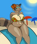 anthro beach belly big_belly big_breasts big_butt bikini breast_squish breasts butt clothing embarrassed female highlights_(coloring) huge_breasts overweight overweight_anthro overweight_female seaside shy simple_background slightly_chubby solo squish swimwear towel two-piece_swimsuit yellow_sclera plantedpot ricotta_(plantedpot) mammal procyonid raccoon hi_res