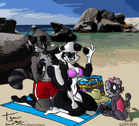 3_toes 4_fingers accessory anthro bag beach bikini bow_ribbon breasts canon_couple chest_tuft clothing eyebrow_through_hair eyebrows eyewear eyewear_on_head family feet female fingers fur gloves_(marking) grey_hair group hair hair_accessory hair_bow hair_ribbon hat headgear headwear holding_object husband_and_wife kneeling leg_markings male male/female markings married_couple multicolored_body multicolored_fur navel one-piece_swimsuit pink_clothing pink_swimwear ponytail purple_bikini purple_clothing purple_swimwear red_clothing red_swimming_trunks red_swimwear ribbons seaside short_hair socks_(marking) sunglasses sunglasses_on_head swimming_trunks swimwear toes translucent translucent_hair trio tuft two-piece_swimsuit two_tone_body two_tone_fur wearing_sunglasses white_hair anonymous_artist sabrina_online danielle_(sabrina_online) richard_conrad sabrina_(sabrina_online) hybrid mammal mephitid procyonid raccoon skunk 2026 absurd_res hi_res daughter_(lore) father_(lore) father_and_child_(lore) father_and_daughter_(lore) mother_(lore) mother_and_child_(lore) mother_and_daughter_(lore) parent_(lore) parent_and_child_(lore) parent_and_daughter_(lore)