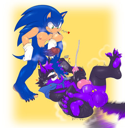 animal_genitalia animal_penis anthro anthro_on_anthro balls black_body black_fur blue_balls blue_body blue_eyes blue_fur blue_penis bodily_fluids canine_genitalia canine_penis cheek_tuft cum cumshot dripping duo ear_piercing ear_ring ejaculation facial_tuft feet foot_fetish foot_on_face fur genital_fluids genital_raphe genitals green_eyes grin hair knot lying male male/male nipples on_back pawpads penis piercing pink_penis precum precum_drip purple_balls purple_body purple_fur purple_hair purple_pawpads raphe_(anatomy) ring_piercing scrotal_raphe short_hair simple_background smile standing sweat sweaty_arms sweaty_balls sweaty_feet sweaty_genitalia sweaty_legs tail tail_motion tailwag tan_body tuft yellow_background iamnotmetal sega sonic_the_hedgehog_(series) sonic_the_hedgehog verne_nicolaio canid canine canis eulipotyphlan hedgehog mammal wolf absurd_res hi_res