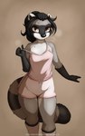 5_fingers anthro black_hair bodily_fluids brown_eyes clothed clothing female fingers fur grey_body grey_fur hair off_shoulder simple_background solo standing steam sweat conditional_dnp jay_naylor brooke_reed mammal procyonid raccoon 2018 digital_media_(artwork) hi_res