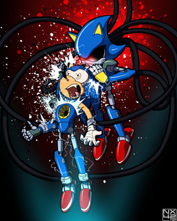 5_fingers anthro black_sclera blue_body blue_fur duo electricity fingers fur machine male male/male open_mouth pain red_eyes roboticization robotization transformation nx-42 sega sonic_the_hedgehog_(series) metal_sonic sonic_the_hedgehog android eulipotyphlan hedgehog mammal robot absurd_res hi_res