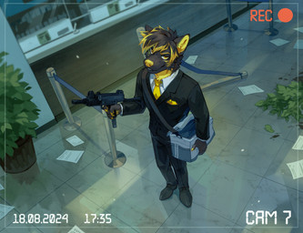 anthro black_body black_fur black_hair blonde_hair camera_view cheek_tuft clothed clothing detailed_background facial_tuft fur gun hair holding_gun holding_object holding_ranged_weapon holding_weapon inside looking_at_viewer male plant plant_pot potted_plant pupils ranged_weapon robbery slit_pupils solo toony tuft weapon yellow_body yellow_eyes yellow_fur yellow_nose corzh77 wolfriel canid canine mammal detailed hi_res