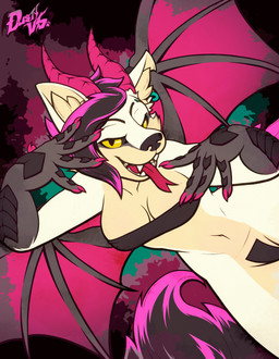 anthro black_hair breasts cheek_tuft cleavage clothed clothing curved_horn ear_piercing ear_ring facial_tuft fangs female forked_tongue fur grey_body grey_scales hair highlights_(coloring) horn membrane_(anatomy) membranous_wings open_mouth open_smile piercing pink_highlights pussy_tape red_membrane ring_piercing scales smile solo tan_body tan_fur tape teeth tongue tuft white_body white_fur wings yellow_sclera dustythebat mythology domestic_cat dragon felid feline felis hybrid mammal mythological_creature mythological_scalie scalie hi_res gynomorph_(lore) nonbinary_(lore)