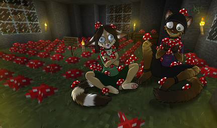 anthro clothed clothing derp_eyes duo female fungus humor male mushroom pawpads paws screencap screencap_background sitting tail toony ajna microsoft minecraft mojang xbox_game_studios tee_(ajna) bassariscus cacomistle domestic_cat felid feline felis mammal procyonid