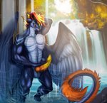 anthro balls big_penis blue_balls detailed_background erection eyes_closed feathered_wings feathers genitals horn knot male nude orange_penis outside penile_spines penis shower smile solo tail teeth tongue tongue_out water waterfall wet wings yellow_penis kalimah neverneverland mythology drakorax dragon mythological_creature mythological_scalie scalie hi_res