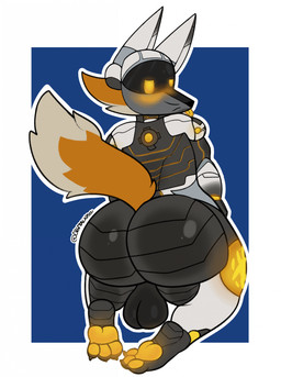 anthro aroused backsack balls big_butt blue_background blush bubble_butt butt claws cybernetics darkened_balls darkened_genitalia embarrased_horny embarrassed feet genitals huge_butt looking_at_viewer looking_back machine male metallic_body pawpads paws raised_tail robotic_arm shy simple_background solo tail teasing teasing_viewer thick_thighs toe_claws tongue tongue_out visor_helmet whiskers yellow_blush yellow_eyes yellow_pawpads digitalkibou f0x_vt canid canine cyborg fox mammal robot robot_anthro hi_res