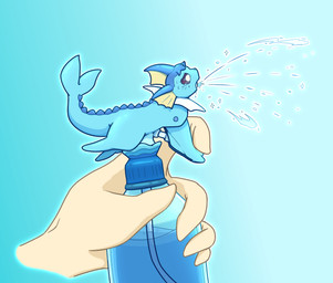 ambiguous_gender blue_body blue_hair blue_scales bodily_fluids bottle container duo ear_fins feral fin fin_frill frill_(anatomy) frozen_expression fur hair head_fin holding_another implied_transformation inanimate_transformation objectification scales simple_background spray_bottle spraying spraying_water tail tail_fin tears transformation water water_bottle kareha_21909 nintendo pokemon eeveelution generation_1_pokemon human inanimate_object mammal pokemon_(species) vaporeon hi_res
