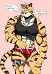 abs anthro biceps black_clothing black_stripes black_topwear blue_eyes blush bulge clothed clothing clothing_lift countershading fur kitchen_spatula kitchen_utensils male midriff muscular muscular_anthro muscular_male red_clothing red_underwear shirt shirt_lift simple_background solo spatula striped_body striped_fur stripes tank_top text tools topwear underwear white_body white_fur yellow_body yellow_fur bearlovestiger13 lagoon_lounge gou_sanriku felid mammal pantherine tiger english_text hi_res