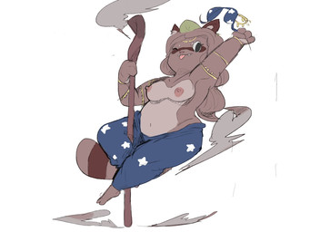anthro breasts clothed clothing dancing female nipples one_eye_closed pink_nipples pole pole_dancing simple_background slightly_chubby solo tongue tongue_out topless white_background wink shamelesss canid canine mammal raccoon_dog tanuki 4:3