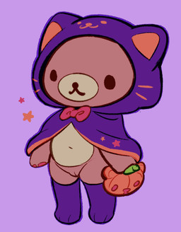 3_toes anthro bottomless bow_tie brown_body brown_fur cape chibi clothed clothing countershade_face countershade_torso countershading dot_eyes feet female food footwear fruit fur genitals hood legwear navel on_model onesie paws plant pumpkin purple_clothing purple_legwear purple_thigh_highs simple_background simple_eyes simple_face socks solo thigh_highs toes vulva yellow_body yellow_fur flucosse san-x rilakkuma bear mammal hi_res