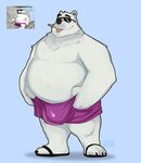 3_toes anthro belly big_bulge blue_background bottomwear bulge clothed clothing eyewear feet flip_flops footwear fur male navel overweight overweight_anthro overweight_male sandals shoes shorts simple_background smile solo sunglasses toes tongue tongue_out topless topless_male white_body white_fur flufflecraft ice_climber nintendo polar_bear_(ice_climber) bear mammal polar_bear ursine 2021 hi_res