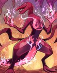 2024 anthro blitzdrachin cave conditional_dnp digital_drawing_(artwork) digital_media_(artwork) fire generation_7_pokemon long_tail looking_at_viewer nintendo pink_body pink_scales pokemon pokemon_(species) purple_eyes reptile salazzle scales scalie standing tagme tail