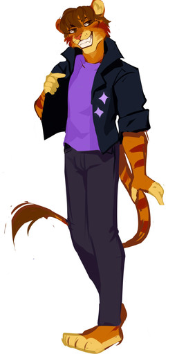 anthro barefoot black_clothing black_jacket black_topwear bottomwear brown_eyes brown_hair cheek_tuft clothed clothing facial_tuft fangs feet front_view fur glistening glistening_eyes grey_bottomwear grey_clothing grey_pants grin hair jacket looking_aside male markings orange_body orange_fur pants purple_clothing purple_jacket purple_topwear red_body red_fur short_hair simple_background smile solo standing striped_arms striped_body striped_fur striped_markings striped_tail stripes tail tail_markings teeth topwear tuft unsigned white_background yellow_body yellow_fur corzh77 felid mammal absurd_res full-length_portrait hi_res lineless portrait