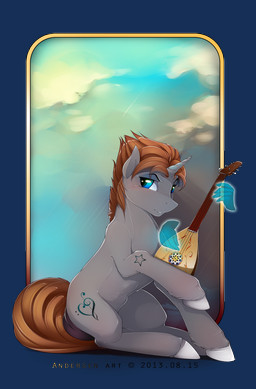 blue_eyes blush brown_hair cloud cutie_mark disembodied_hand duo feral fur grey_body grey_fur hair hooves horn looking_back lute magic male musical_instrument outside playing_music plucked_string_instrument short_hair sitting sky smile solo_focus string_instrument antiander hasbro my_little_pony mythology fan_character equid equine mammal mythological_creature mythological_equine unicorn absurd_res alpha_channel digital_media_(artwork) hi_res