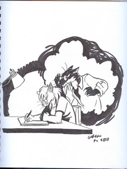 adjusting_glasses age_difference anthro artist black_body black_fur chair character_creator cheek_tuft claws clothed clothing countershade_neck countershading creating_art desk drawing_(action) duo eyes_closed eyewear facial_tuft female fist fur furniture furniture_lamp glasses hair holding_object holding_pen inner_ear_fluff long_claws looking_at_another male older_female on_chair open_clothing open_shirt open_topwear pen pince-nez shirt sitting sitting_at_desk sitting_on_chair struggling table thinking thought_bubble tired topwear tuft whiskers whispering_in_ear roz_gibson jack_salem roz_gibson_(character) domestic_cat felid feline felis gulonine mammal marten mustelid musteline sable_(marten) 2010 black_and_white monochrome signature traditional_media_(artwork)