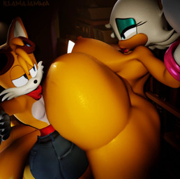 alternate_body_type alternate_breast_size anthro anthro_penetrated big_breasts big_butt big_penis bouncing_butt breasts butt female female_penetrated femboy genitals huge_breasts huge_butt huge_penis male male/female male_penetrating male_penetrating_female penetration penile penile_penetration penis sex tail teeth illamajamma sega sonic_the_hedgehog_(series) miles_prower rouge_the_bat bat canid canine fox mammal red_fox true_fox 3d_(artwork) 3d_animation animated digital_media_(artwork) hi_res short_playtime sound video watermark