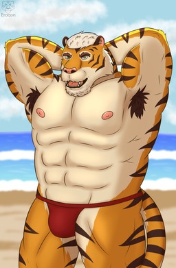 anthro armpit_hair beach beard body_hair bulge cloud facial_hair fangs fur green_eyes grin grinning_at_viewer inner_ear_fluff looking_at_viewer male markings muscular muscular_anthro muscular_male nipples open_mouth open_smile orange_body orange_fur outside simple_background sky skyscape smile smiling_at_viewer snout solo striped_body striped_fur striped_markings stripes teeth tuft white_body white_fur eraqon nick_(eraqon) felid mammal pantherine tiger hi_res