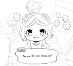 anthro asking asking_viewer blush bow_(feature) dialogue dialogue_box female first_person_view flower header header_box perspective plant question smile solo string_bow string_bow_tie talking_to_viewer text text_box yes-no_question francat animal_crossing nintendo isabelle_(animal_crossing) canid canine canis domestic_dog mammal english_text hi_res line_art monochrome sketch