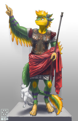4_ears anthro armor clothed clothing feathered_wings feathers fingers green_body green_feathers hair holding_object male multi_ear multi_eye orange_body orange_feathers roman_empire scepter shirt simple_background solo standing tail topwear tunic winged_arms wings yellow_body yellow_feathers 6eyesandhooves octavianus_augustus tiskanomicon avali avian absurd_res hi_res watermark