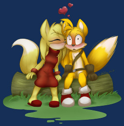 2_tails anthro belt blush chest_tuft clothed clothed/nude clothed_female clothing dress duo eyelashes eyes_closed featureless_crotch female footwear fur gloves handwear heart_symbol kiss_on_cheek kissing log male multi_tail nude romantic romantic_couple shoes sitting tail tuft wood yellow_body yellow_fur gabbslines sega sonic_boom sonic_the_hedgehog_(series) miles_prower zooey_the_fox canid canine fox mammal alpha_channel hi_res
