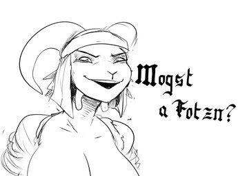 >:d angry angry_smile anthro big_breasts breasts cleavage clothed clothing female headgear headwear horn profanity smile solo text threatening hladilnik goat_barmaid_(hladilnik) bovid caprine goat mammal 2025 black_and_white german_text hi_res monochrome sketch translated