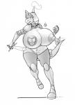 5_fingers anthro areola armor big_areola big_breasts big_nipples biped boots breasts clothed clothing curvy_figure female fingers footwear greyscale hair headgear helmet hi_res huge_areola huge_breasts huge_nipples hyper hyper_breasts lizard melee_weapon monochrome ndragon3 nipples non-mammal_breasts non-mammal_nipples red_knight_(sirphilliam) reptile scalie solo standing sword thick_thighs voluptuous weapon