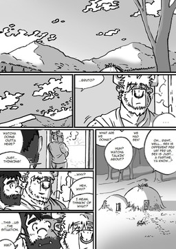 dialogue male piercing text husky92 european_mythology greek_mythology mythology bovid bovine human humanoid mammal minotaur orc comic english_text hi_res monochrome multiple_scenes