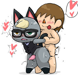 anal anal_penetration anthro anthro_penetrated arm_grab arm_pull balls black_body black_clothing black_fur black_nose black_topwear blonde_hair blush bodily_fluids bottomless clothed clothed/nude clothed_male clothing cum cum_while_penetrated drooling duo erection from_behind_position fur genital_fluids genitals green_eyes grey_balls grey_body grey_fur hair heart_symbol heterochromia human_on_anthro human_penetrating human_penetrating_anthro interspecies male male/male male_penetrated male_penetrating male_penetrating_male motion_lines nude orange_nose penetration penis pink_penis prison_guard_position rough_sex saliva sex smile speech_bubble standing standing_sex striped_body striped_fur stripes sweat tapering_penis thrusting tongue tongue_out topwear vest yellow_eyes young enigi09 animal_crossing nintendo raymond_(animal_crossing) villager_(animal_crossing) domestic_cat felid feline felis human mammal 2020 adult_(lore)
