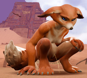 annoyed anthro blue_eyes bodily_fluids breasts casual_nudity crouching desert desperation ears_down embarrassed female fox_tail genital_fluids genitals hunched_over looking_at_viewer nude omorashi orange_body outside peeing peeing_on_ground pivoted_ears public public_nudity public_urination short short_stack small_breasts solo spread_legs spreading urine urine_on_ground urine_pool vulva watersports torturabbit blizzard_entertainment warcraft faye_(warcraft) canid canine fox mammal vulpera 3d_(artwork) blender_(artwork) digital_media_(artwork)