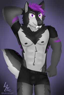 anthro black_clothing black_underwear boxer_briefs clothing flexing fur grey_body grey_fur hair hand_behind_head looking_at_viewer male navel nipples purple_eyes purple_hair simple_background smile solo standing underwear lubanart canid canine canis mammal wolf 2020 absurd_res character_request digital_media_(artwork) hi_res