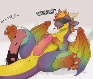 4_toes animal_dildo animal_genitalia animal_sex_toy anus blindfold blush bodily_fluids clothing dildo equine_dildo feet feral genital_fluids genitals hair horn male mostly_nude multicolored_body multicolored_scales orange_hair penis rainbow_body rainbow_scales scales sex_toy simple_background smile solo tail text toe_wiggle toes whyvern mythology raynar dragon mythological_creature mythological_scalie scalie absurd_res digital_media_(artwork) hi_res