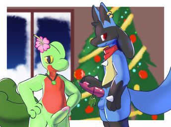 2_tails animal_genitalia animal_penis anthro belly blue_body canine_genitalia canine_penis christmas_decorations christmas_tree duo ear_piercing ear_ring erection genitals green_body head_flower holidays humanoid_genitalia humanoid_penis inside male male/male mistletoe mistletoe_on_penis multi_tail multicolored_body penis piercing plant pokemorph red_belly red_eyes ring_piercing scarf tail tan_belly tree yellow_eyes warlordhunter01 christmas nintendo pokemon fan_character fern_shinamori zane_aurastar generation_3_pokemon generation_4_pokemon lucario pokemon_(species) treecko