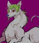 ambiguous_gender blue_nose feral green_hair grey_body hair long_neck purple_background red_eyes simple_background snout solo tail yellow_sclera yogurt200 canid canine canis domestic_dog mammal hi_res